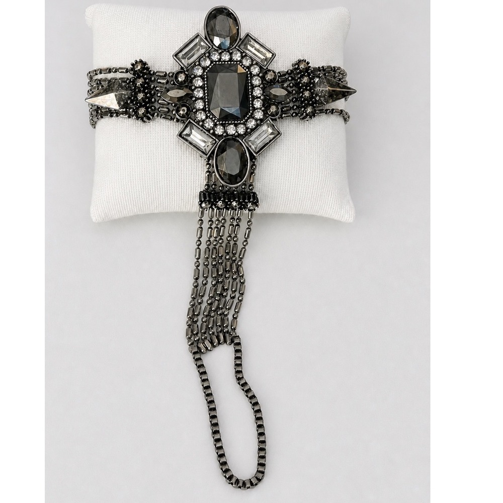 Black Gunmetal Statement Bracelet Rhinestone Beaded Fringe Art Deco Style